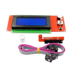 Ramps 1.4 3d Printer 2004 LCD Controller With SD Card Slot - a blue screen, a rotary knob, a push button, a small adapter board, and two ribbon cables.