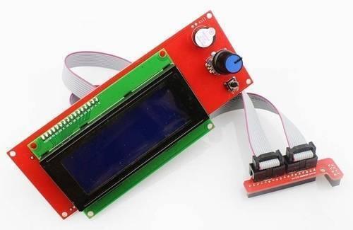 Ramps 1.4 3d Printer 2004 LCD Controller With SD Card Slot - red circuit board, blue display, rotary knob, push button, and two ribbon cables with connector adapters.