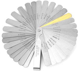 Rangefinder Feeler Gauge 0.04–0.88mm 32 Blades | Metric Valve Thickness Gauge - a silver metal fan-style tool with 32 individual blades marked with metric thickness measurements.