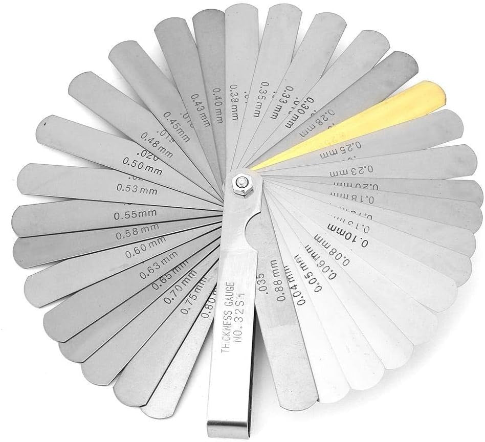 Rangefinder Feeler Gauge 0.04–0.88mm 32 Blades | Metric Valve Thickness Gauge - a silver metal fan-style tool with 32 individual blades marked with metric thickness measurements.