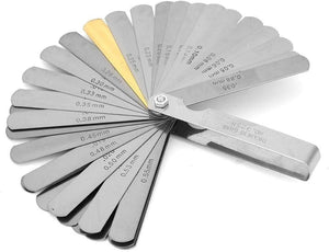 Rangefinder Feeler Gauge 0.04–0.88mm 32 Blades | Metric Valve Thickness Gauge - a silver metal fan-style tool with individual blades marked with various metric thickness measurements.