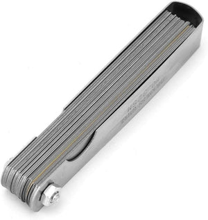 Rangefinder Feeler Gauge 0.04–0.88mm 32 Blades | Metric Valve Thickness Gauge - a folded set of silver metal measuring blades held together by a nut and bolt in a metal casing.