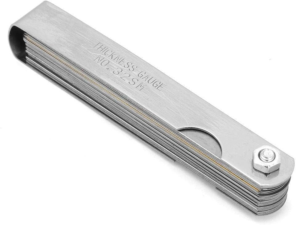 Rangefinder Feeler Gauge 0.04–0.88mm 32 Blades | Metric Valve Thickness Gauge - a silver-coloured metal tool with multiple thin blades held together by a nut and bolt at one end.