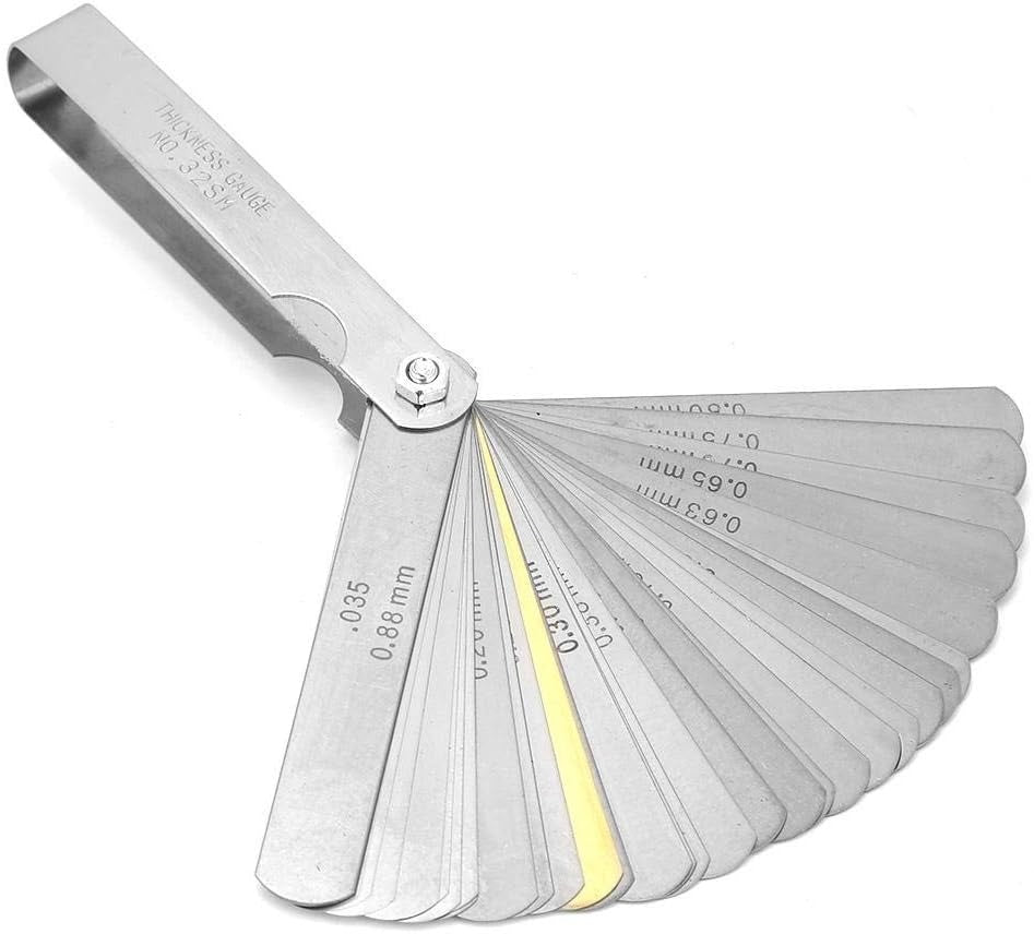 Rangefinder Feeler Gauge 0.04–0.88mm 32 Blades | Metric Valve Thickness Gauge - a silver metal tool with multiple fanned-out blades, some marked with measurements like 0.88 mm and 0.63 mm.