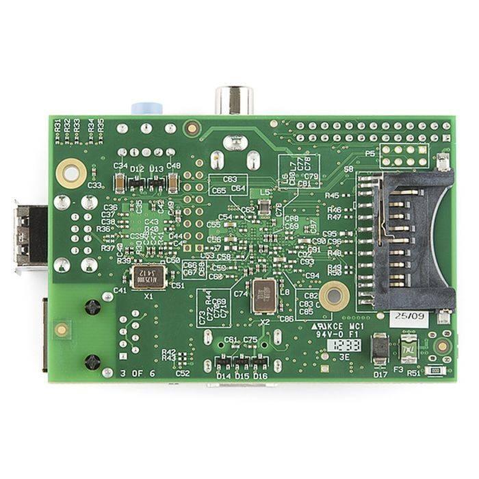 Raspberry Pi 1 Model b - a green circuit board featuring an SD card slot, an Ethernet port, and various electronic components and connectors.