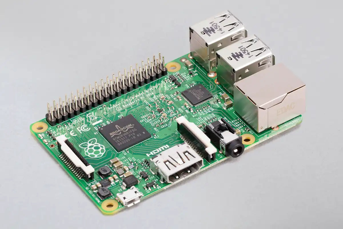 Raspberry Pi 2 Model B - a green circuit board featuring a Broadcom processor, GPIO pins, Ethernet port, HDMI port, USB ports, and an audio jack.