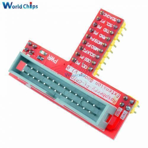 Raspberry Pi 26 Pin GPIO Expansion Board GPIO Adapter - a red T-shaped PCB with a green 26-pin header, yellow pin headers, and labeled connection points.