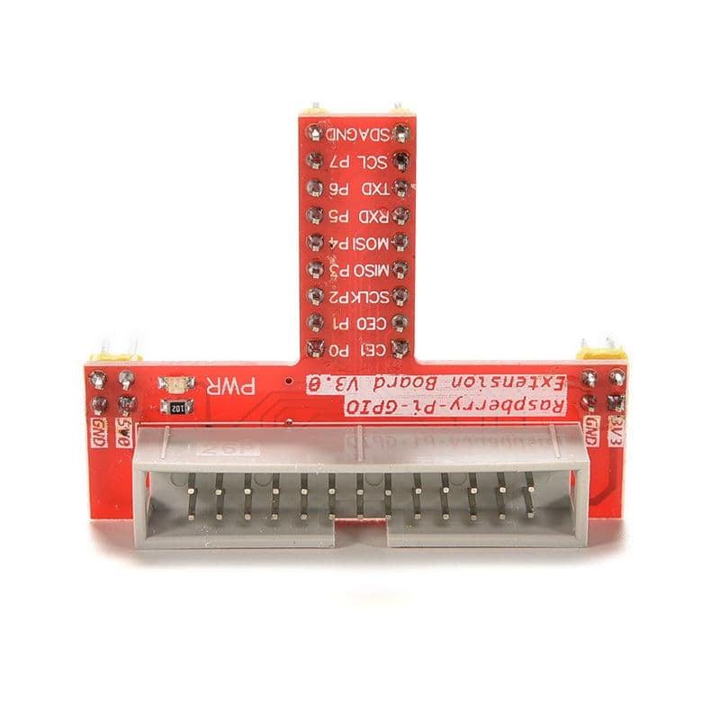 Raspberry Pi 26 Pin GPIO Expansion Board GPIO Adapter - a T-shaped red PCB with a 26-pin male header connector and labeled pinout ports for Raspberry Pi.