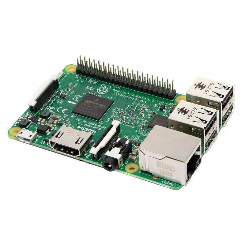 Raspberry Pi 3 Model b With Casinig - a green circuit board featuring a Broadcom processor, GPIO pins, USB ports, an Ethernet port, HDMI, and an audio jack.