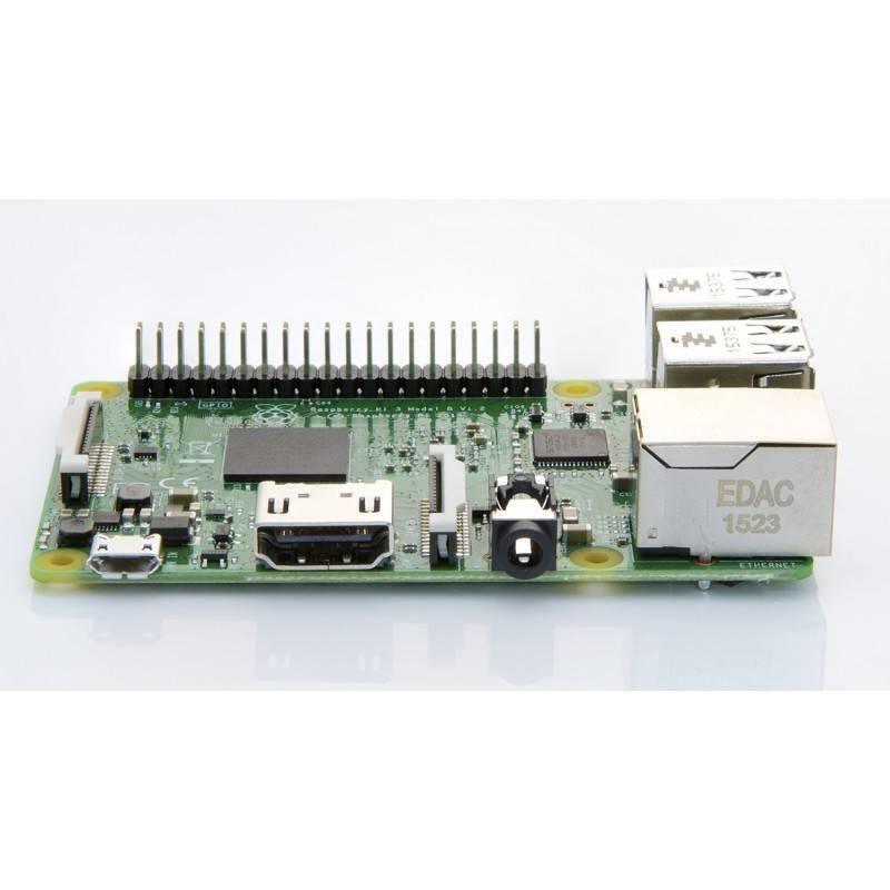 Raspberry Pi 3 Model b With Casinig - a green circuit board featuring a GPIO header, USB ports, an Ethernet port, an HDMI port, and an audio jack.