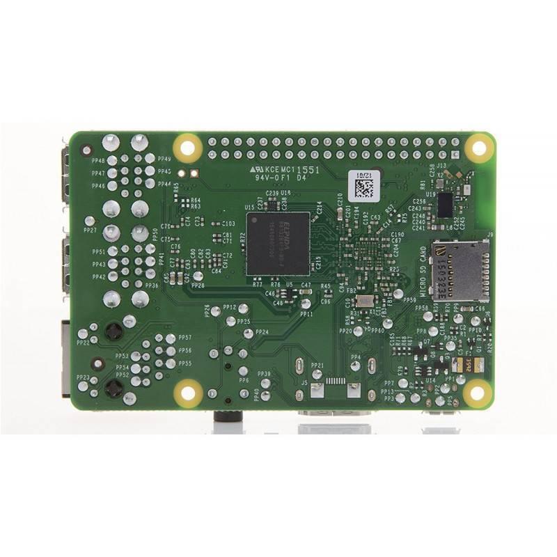 Raspberry Pi 3 Model b With Casinig - the green printed circuit board with a central Elpida processor, a micro SD card slot, and various electronic components.