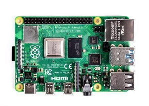 Raspberry Pi 4 2GB RAM - a green circuit board featuring a GPIO header, Ethernet port, two USB 3.0 ports, two USB 2.0 ports, and HDMI connectors.