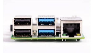 Raspberry Pi 4 2GB RAM - a close-up of the side profile with two black USB ports, two blue USB 3.0 ports, and an Ethernet port on a green PCB.