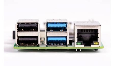 Raspberry Pi 4 2GB RAM - a close-up of the side profile with two black USB ports, two blue USB 3.0 ports, and an Ethernet port on a green PCB.