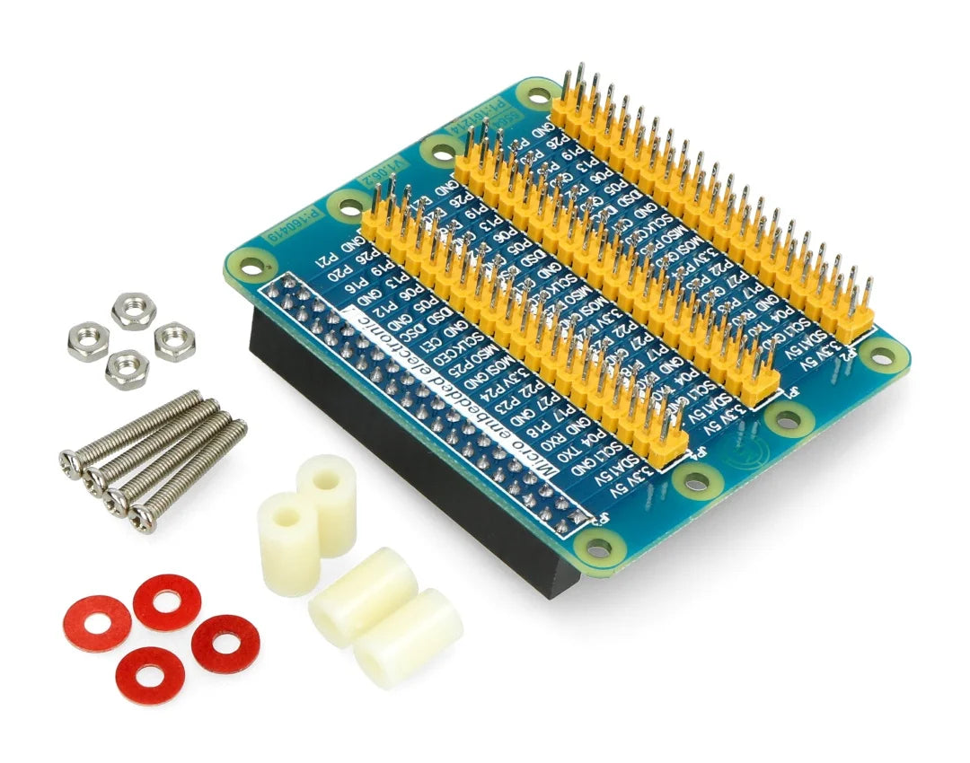Raspberry PI 4/3/B+/2 GPIO Expansion Board E1 - blue - circuit board with multiple pin headers, accompanied by four screws, nuts, spacers, and washers.