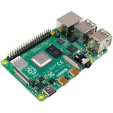 Raspberry Pi 4 4GB RAM - shown at an angle, with the 40-pin GPIO header, USB 3.0 and 2.0 ports, Ethernet jack, micro-HDMI outputs and 3.5 mm audio jack.