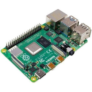Raspberry Pi 4 4GB RAM - shown at an angle, with the 40-pin GPIO header, USB 3.0 and 2.0 ports, Ethernet jack, micro-HDMI outputs and 3.5 mm audio jack.