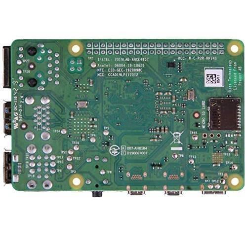 Raspberry Pi 4 4GB RAM - shown from the bottom side, featuring a green circuit board with a micro SD card slot and various soldering points and ports.