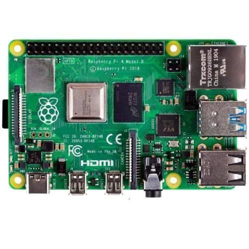 Raspberry Pi 4 4GB RAM - a green circuit board featuring a GPIO header, Ethernet port, two USB 3.0 ports, two USB 2.0 ports, and two micro-HDMI ports.