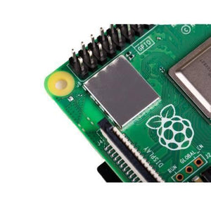 Raspberry Pi 4 4GB RAM - a close-up view of the green circuit board showing the GPIO pins, display connector, and metallic shielding.