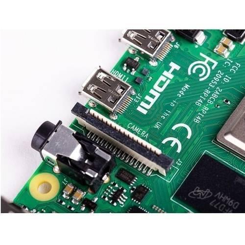 Raspberry Pi 4 4GB RAM - a close-up view of the green circuit board showing the camera connector, audio jack, and HDMI port.