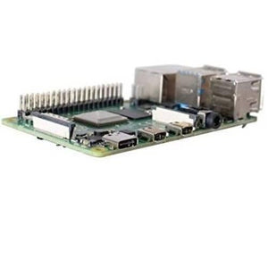 Raspberry Pi 4 4GB RAM - shown from a side angle, featuring a green circuit board with visible USB ports, an Ethernet port, and a headphone jack.
