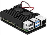 Raspberry Pi 4 Aluminum Heatsink Case with Dual Fan - Digilog.pk - a black metal enclosure with two fans, USB ports, an Ethernet port, and side-mounted ports.