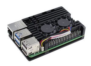 Raspberry Pi 4 Aluminum Heatsink Case with Dual Fan - Digilog.pk - a black metal case with two cooling fans, Ethernet, and USB ports installed on a circuit board.