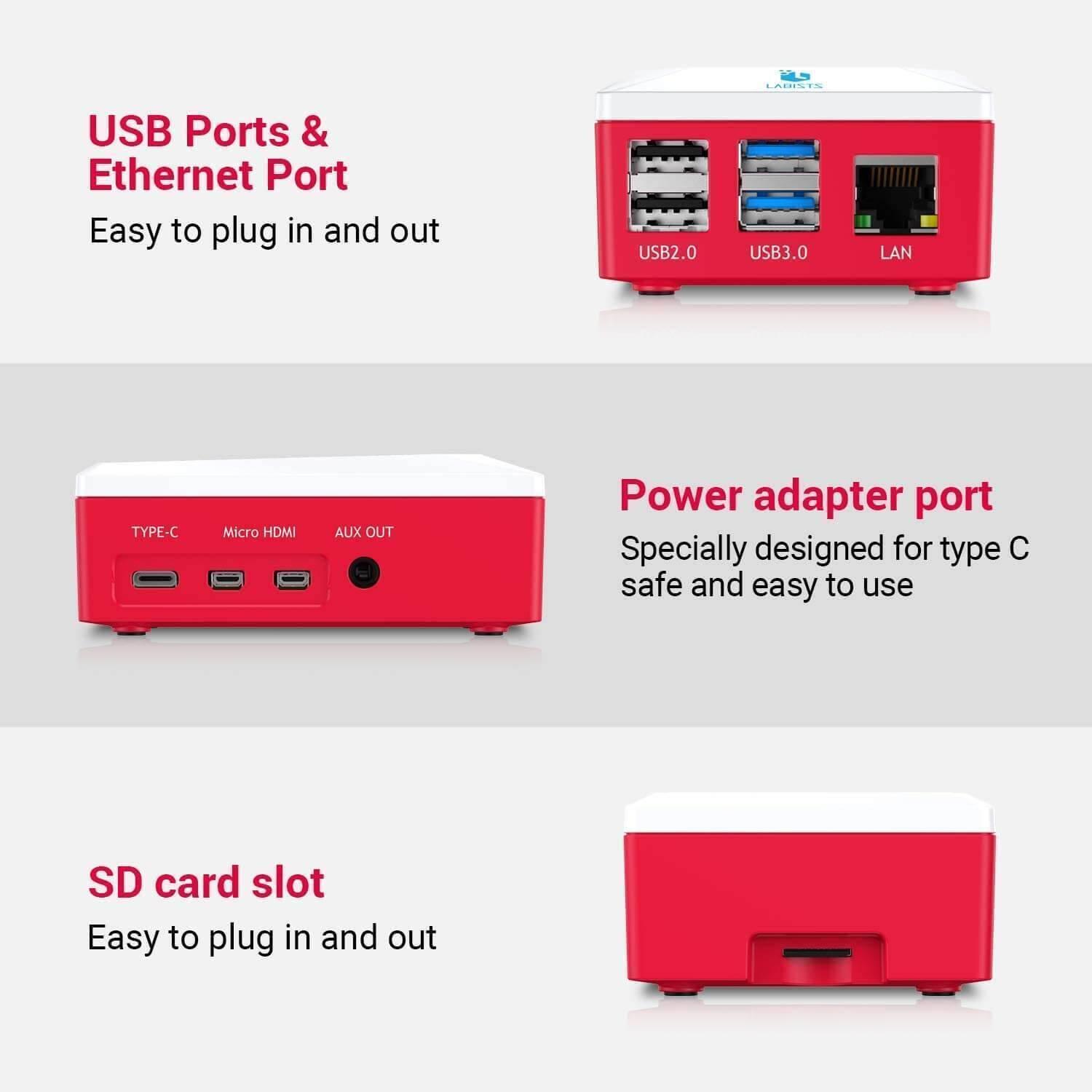 Raspberry Pi 4 b Model b Starter Kit 32GB SD Card - three views of the red and white casing with USB, Ethernet, Type-C, Micro HDMI, AUX, and SD card ports.