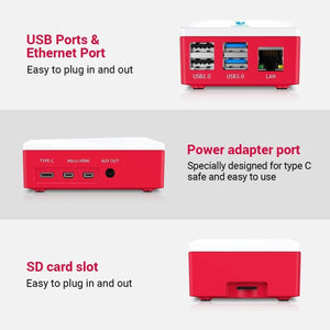 Raspberry Pi 4 b Model b Starter Kit 32GB SD Card - three views of the red and white casing with USB, Ethernet, Type-C, Micro HDMI, AUX, and SD card ports.