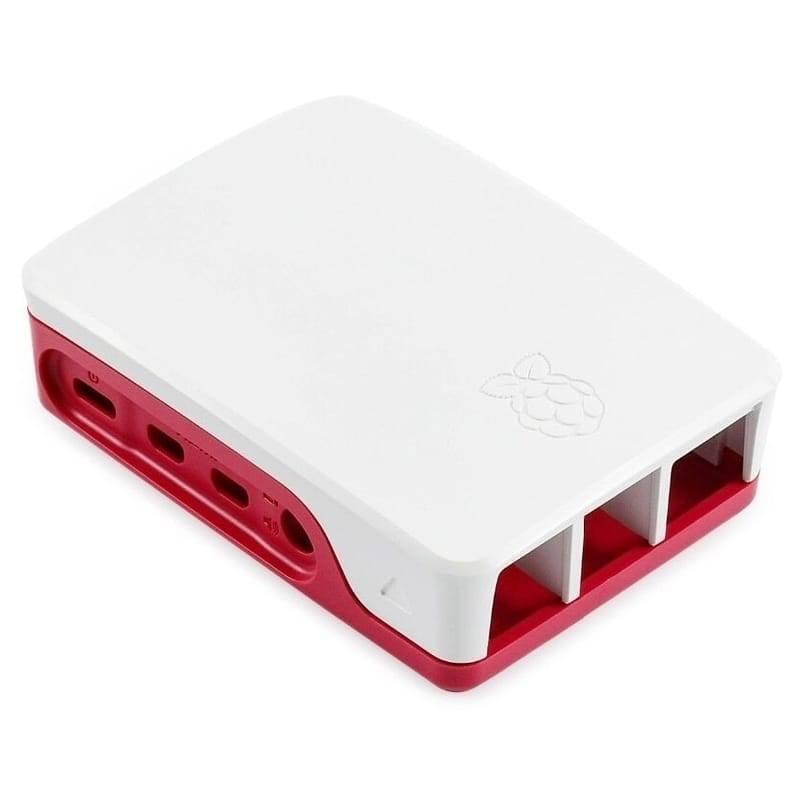 Raspberry Pi 4 Case - a white and red plastic enclosure featuring cutouts for ports on the side and front.