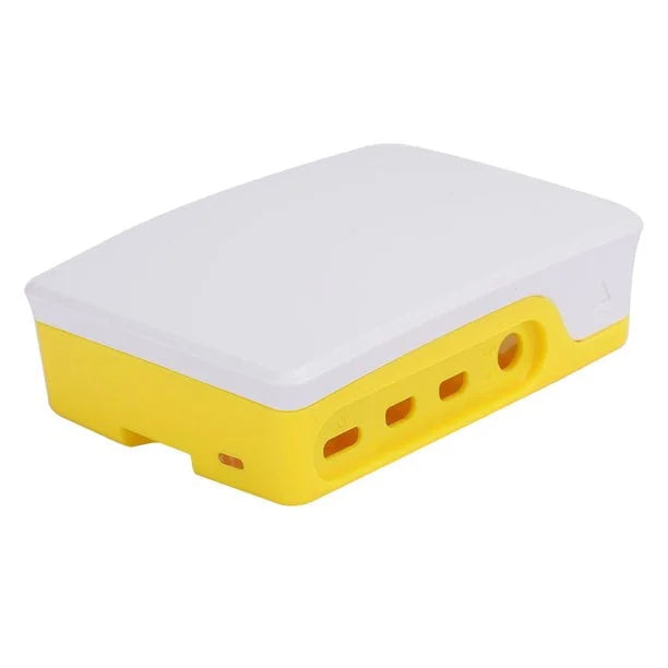 Raspberry Pi 4 Case - a rectangular protective enclosure with a white top cover and a yellow base featuring cutouts for ports and an indicator light.