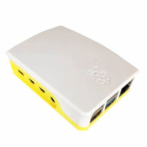 Raspberry Pi 4 Case - a white and yellow plastic enclosure featuring a Raspberry Pi logo on the top and cutouts for side ports.