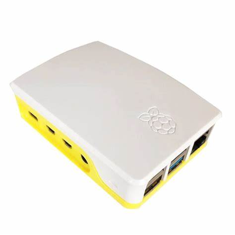 Raspberry Pi 4 Case - a white and yellow plastic enclosure featuring a Raspberry Pi logo on the top and cutouts for side ports.