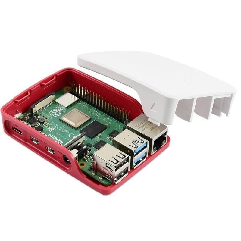 Raspberry Pi 4 Case - a red base housing a Raspberry Pi 4 board with visible ports and a detached white lid positioned above it.