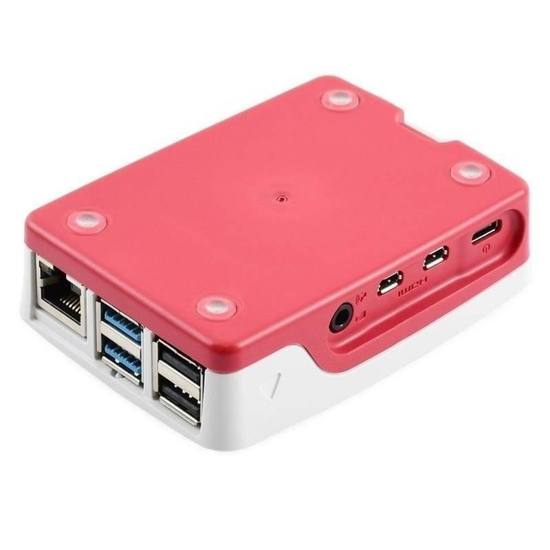 Raspberry Pi 4 Case - in red and white, showing the side view with an audio jack, two HDMI ports, and a power port, plus the rear Ethernet and USB ports.