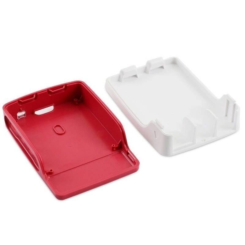 Raspberry Pi 4 Case - shown as two separate red and white plastic housing components with open ports and internal mounting pillars.
