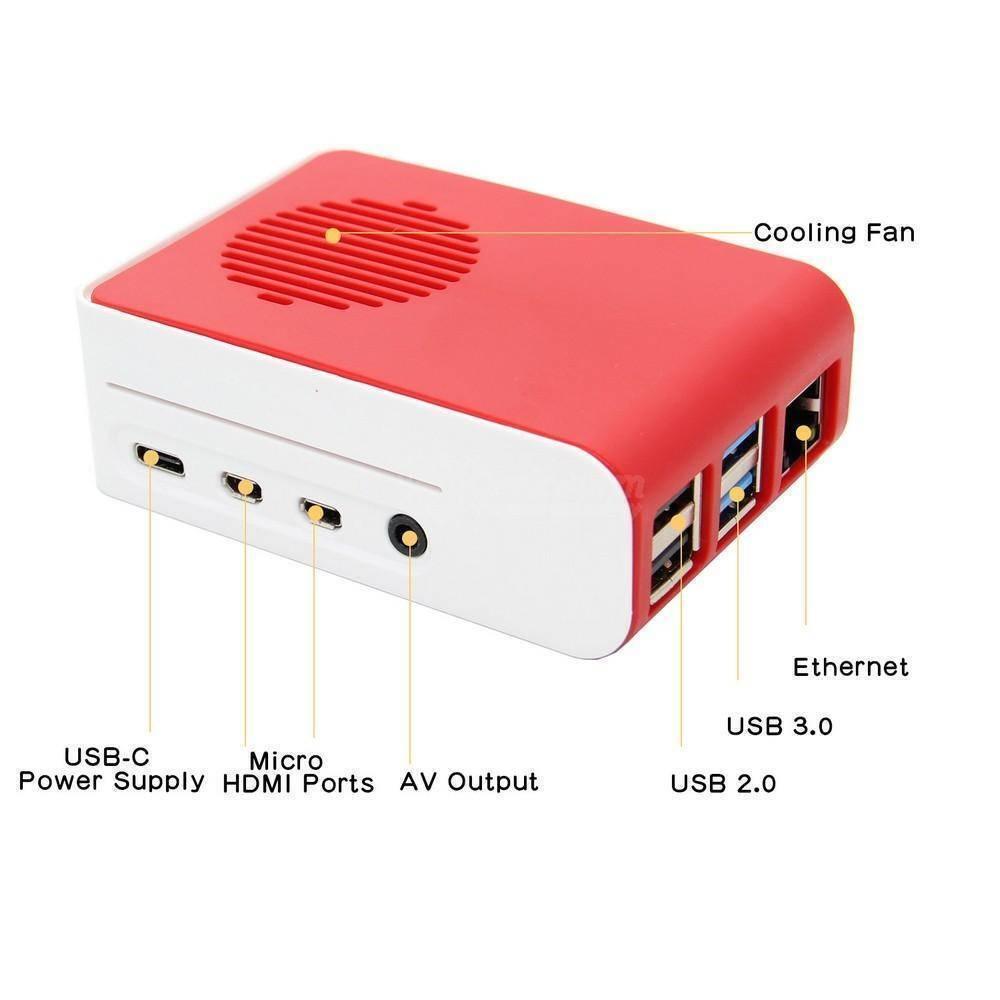 Raspberry Pi 4 Case With Fan Fitting Raspberry Pi 4 Casing Cover - red and white plastic enclosure showing ports for USB-C, micro HDMI, AV output, USB 2.0, USB 3.0, and Ethernet.