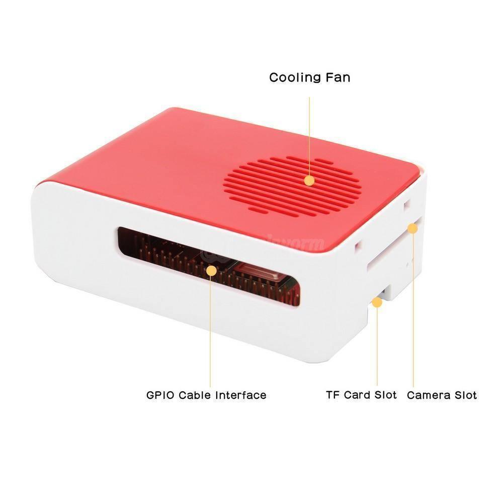 Raspberry Pi 4 Case With Fan Fitting Raspberry Pi 4 Casing Cover - a white and red plastic enclosure featuring a cooling fan, a GPIO cable interface, a TF card slot, and a camera slot.