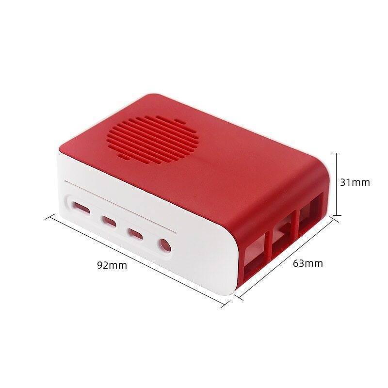 Raspberry Pi 4 Case With Fan Fitting Raspberry Pi 4 Casing Cover - red and white plastic enclosure with ventilation slots and dimension labels showing 92mm length, 63mm width, and 31mm height.