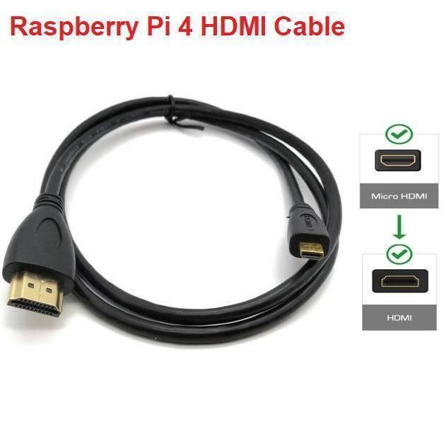 Raspberry Pi 4 HDMI Cable - shown as a black cable with a full-size HDMI connector on one end and a Micro HDMI connector on the other.