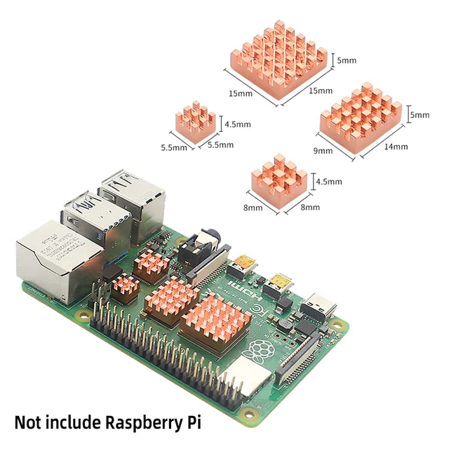 Raspberry Pi 4 Model b Heatsink Metal Copper Heatsink Passive Cooling Pad Heat Dissipation Radiator For Raspberry Pi 4 - four copper heatsinks of varying dimensions floating above a Raspberry Pi board with heatsinks attached.