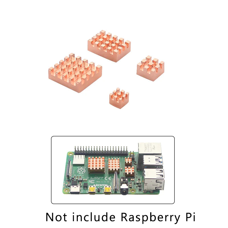 Raspberry Pi 4 Model b Heatsink Metal Copper Heatsink Passive Cooling Pad Heat Dissipation Radiator For Raspberry Pi 4 - four copper-colored metal cooling pads and an example of them installed on a Raspberry Pi board.