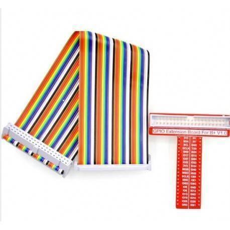 Raspberry Pi 40 Pin GPIO Expansion Board With Cable - a multi-colored ribbon cable connected to a white 40-pin header and a red T-shaped breakout board.