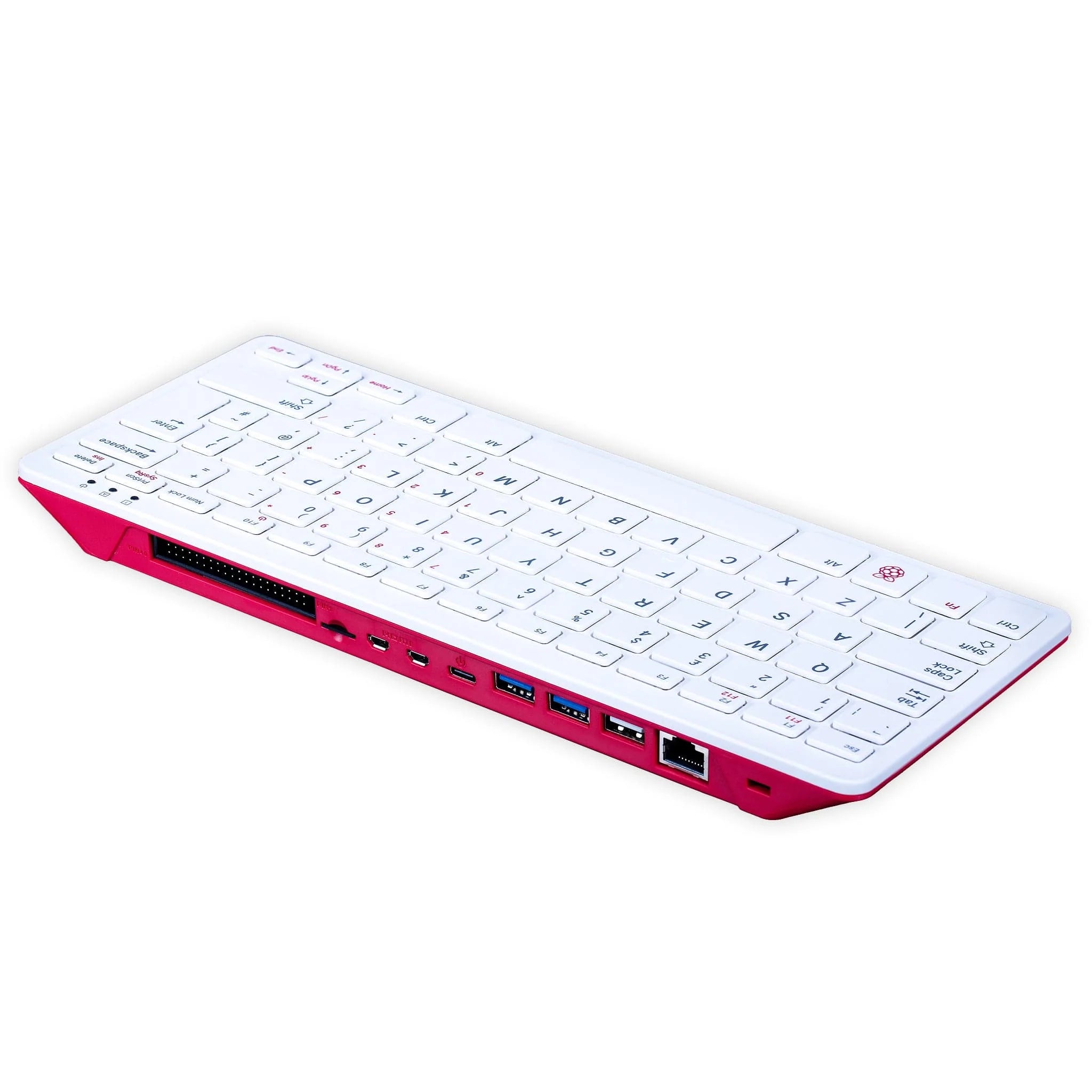 Raspberry Pi 400 4GB RAM Your Complete Personal Computer, Built Into a Compact Keyboard-digilog.pk - a white and red compact keyboard computer showing its rear edge with a GPIO header, USB ports, Ethernet port, and power connector.