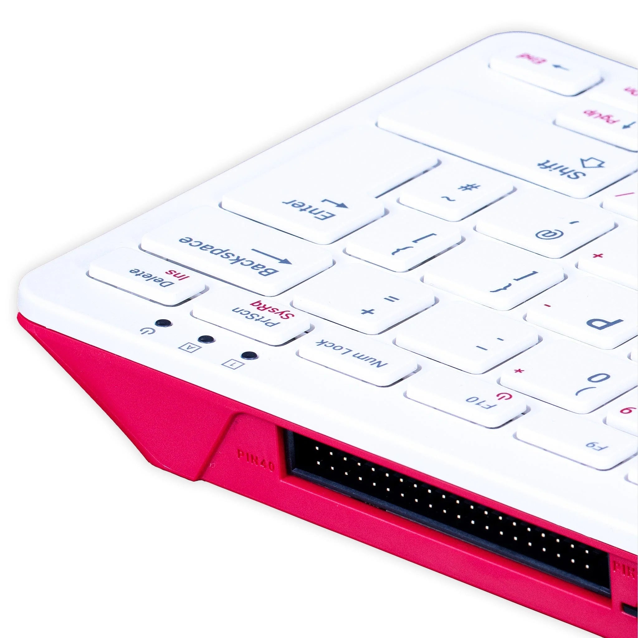 Raspberry Pi 400 4GB RAM Your Complete Personal Computer, Built Into a Compact Keyboard-digilog.pk - the white keyboard, red casing, status indicator lights, and the exposed 40-pin GPIO header port on the side.