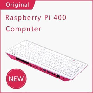 Raspberry Pi 400 4GB RAM Your Complete Personal Computer, Built Into a Compact Keyboard-digilog.pk - a white keyboard with a pink base, showing its rear-facing ports including a GPIO header, USB ports, and an Ethernet jack.