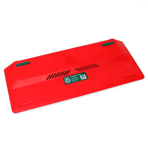 Raspberry Pi 400 4GB RAM Your Complete Personal Computer, Built Into a Compact Keyboard-digilog.pk - the underside of the red compact keyboard unit showing ventilation slots, rubber feet, and a product information label.