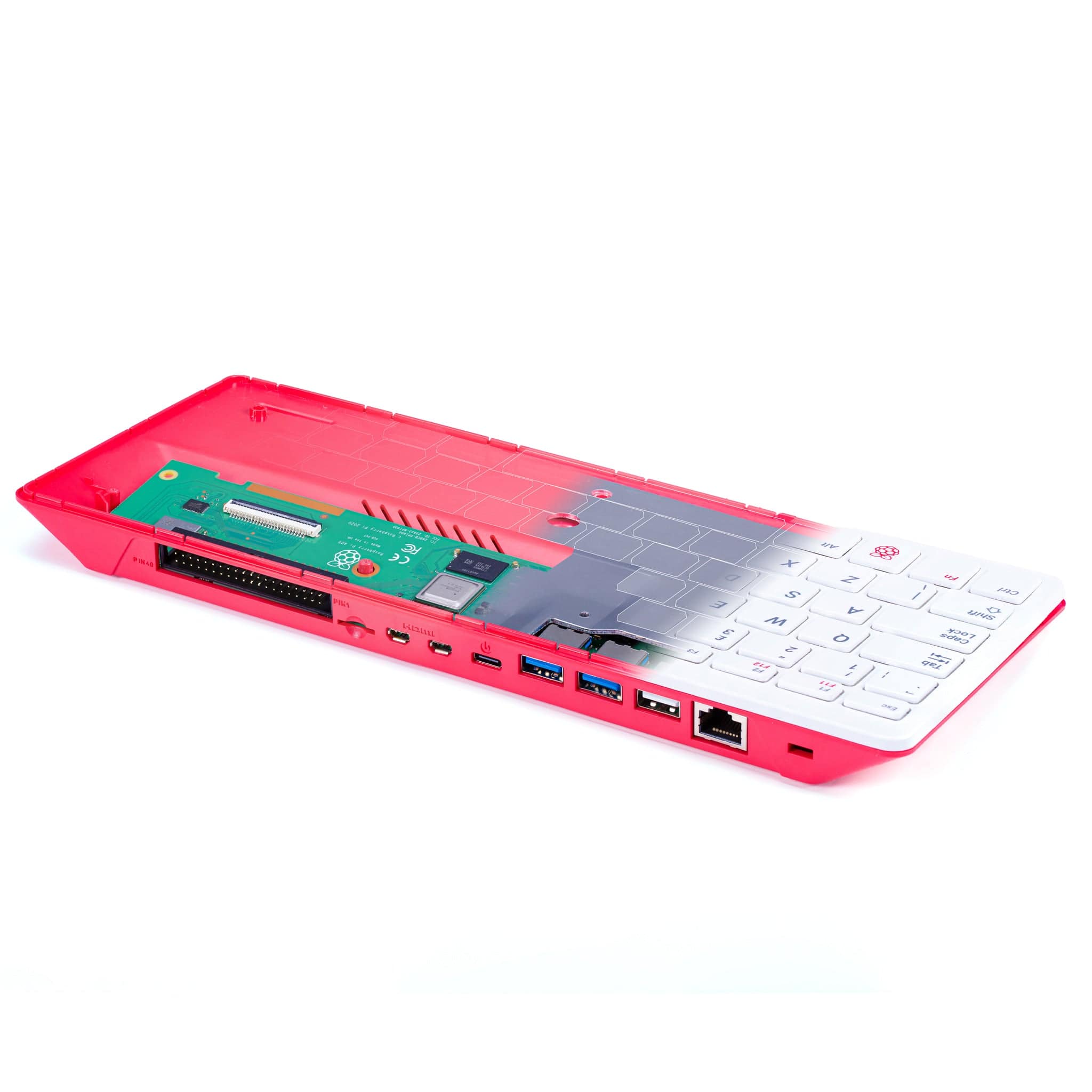 Raspberry Pi 400 4GB RAM Your Complete Personal Computer, Built Into a Compact Keyboard-digilog.pk - a red and white keyboard computer shown with its top casing removed to reveal the internal circuit board, ports, and connector layout.