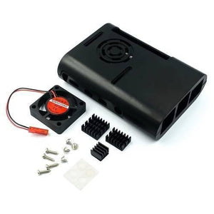 Raspberry Pi 4b ABS Case Black Enclosure Box With Cooling Fan And Heat Sink - three heat sinks, screws, and adhesive pads laid out on a white background.